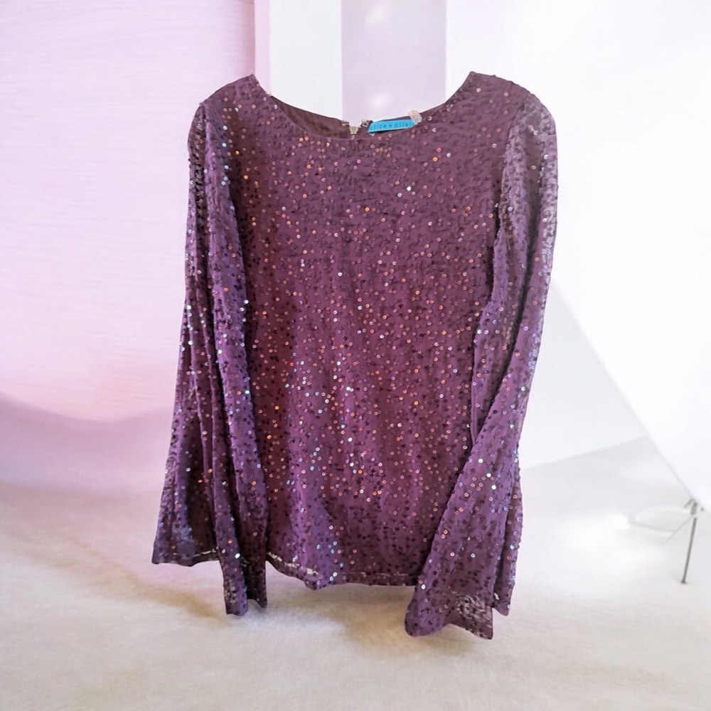 Alice + Olivia Purple Sequin Long-Sleeve Top